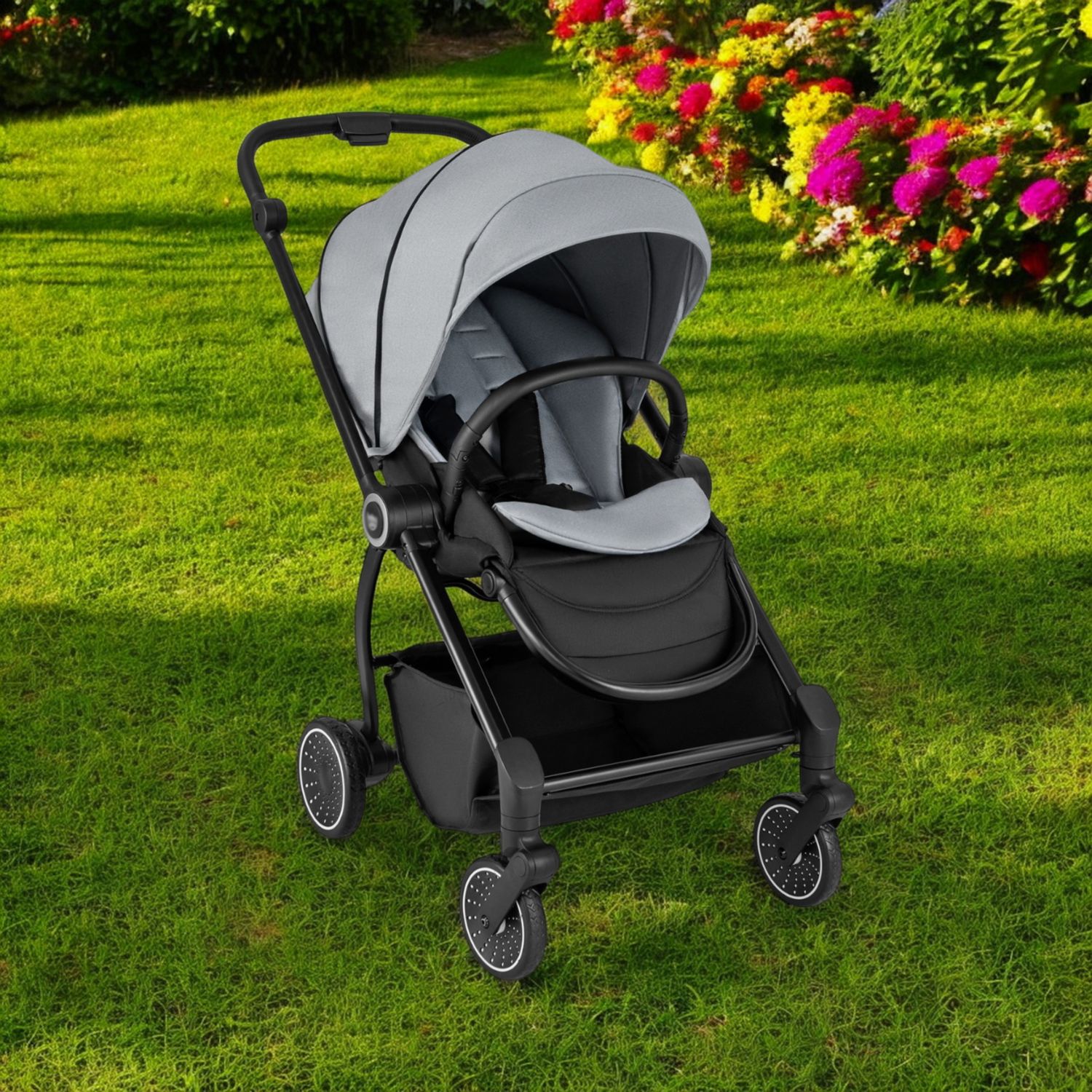 Foldable Infant Pram Stroller with Reversible Seat Reclining Backrest