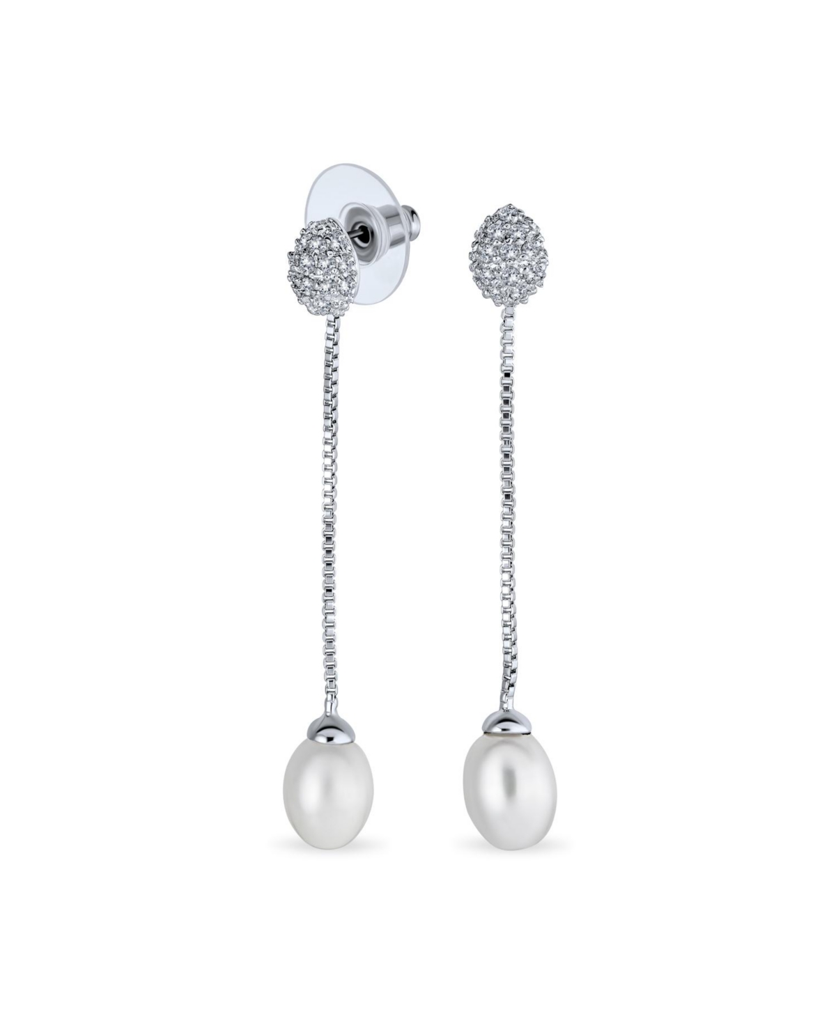 Simple Cz White Freshwater Cultured Pearl Linear Chain Dangling Earrings Silver Plated Brass - White
