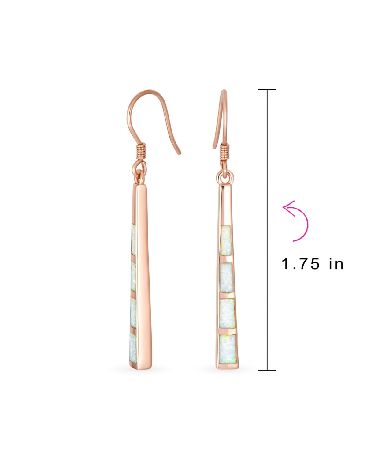 Bling Jewelry Boho Long Linear Iridescent Rainbow White Created Opal Teardrop Bar Shaped Dangle Earrings Rose Gold .925 Sterling Silver Fish Hook Wire