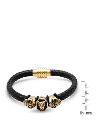 Men’s Lion Head and Skull Accents Black Leather Braided Bracelet