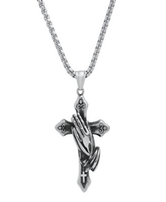 Men's Stainless-Steel Prayer Hand and Cross Pendant Necklace