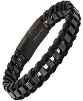 Men’s Black Leather and Black IP Stainless Steel Box Link Braided Bracelet