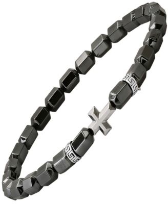 Steeltime Men’s Sterling Silver Cross and Hematite Beaded Stretch Bracelet