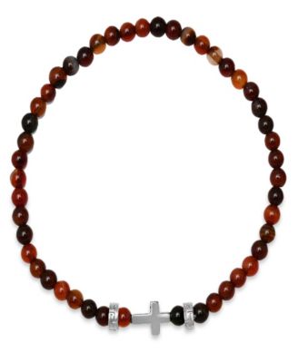 Men’s Sterling Silver Cross and Red Tiger Eye Beaded Stretch Bracelet
