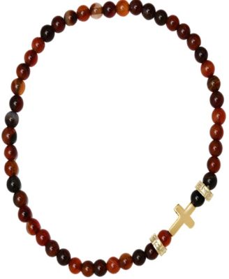 Men’s 14K Gold Plated Sterling Silver Cross and Red Tiger Eye Beaded Stretch Bracelet