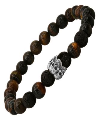 Men’s Tiger Eye, Black Lava and Sterling Silver Skull Beaded Stretch Bracelet