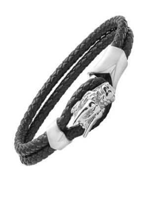 Steeltime Mens Black Braided Leather Bracelet with Stainless Steel Dragon Head Design 11790₽