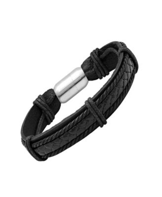 Steeltime Men’s Genuine Black Leather Bracelet with Stainless Steel Magnetic Clasp