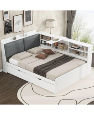 Wood Full Size platform bed with Trundle, Shelves and Storage Headboard