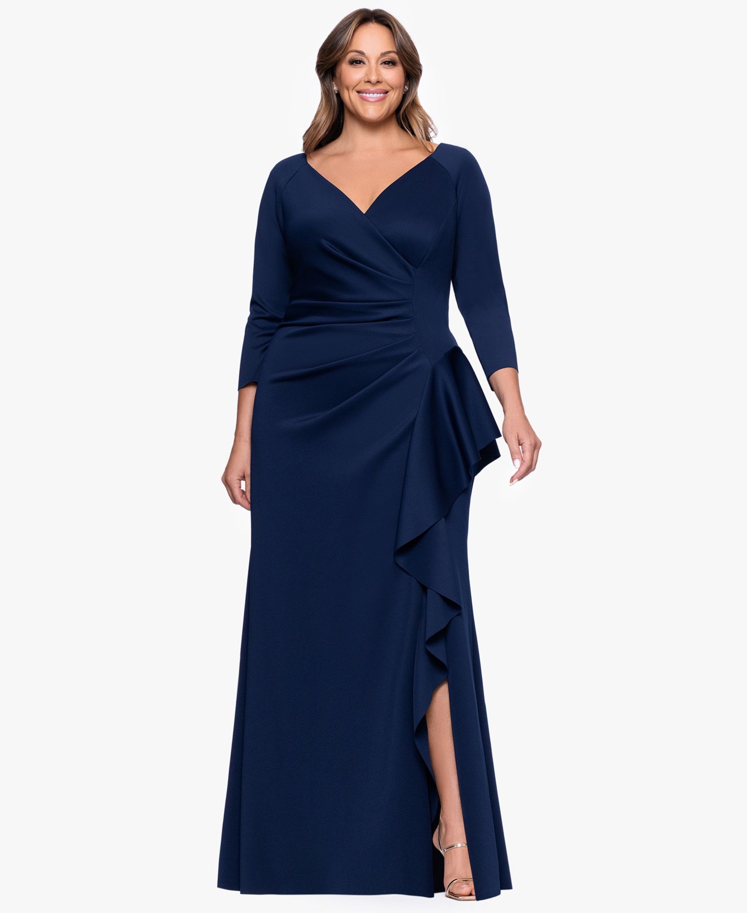 Plus V-Neck Ruffled Side-Slit Scuba Gown