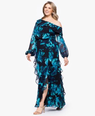 Plus Size Printed Asymmetrical-Neckline Long Dress