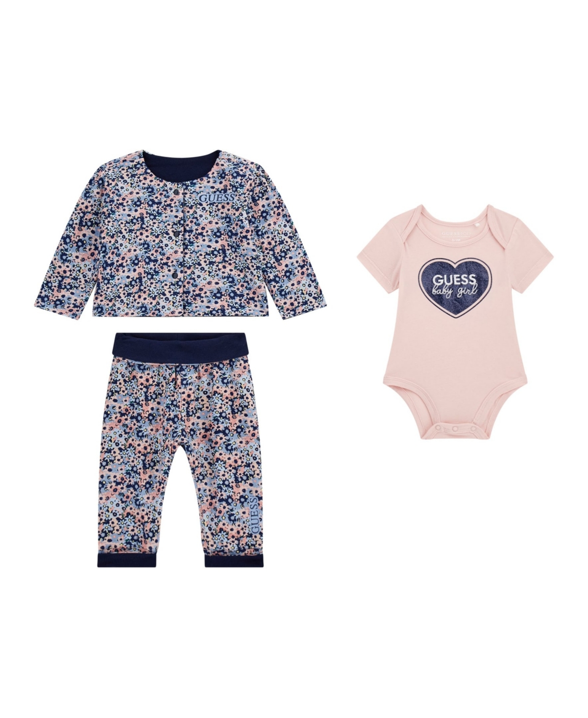 Guess Baby Girls 3-piece Reversible Jacket, Short Sleeve Bodysuit And Reversible Pants Set In Blue