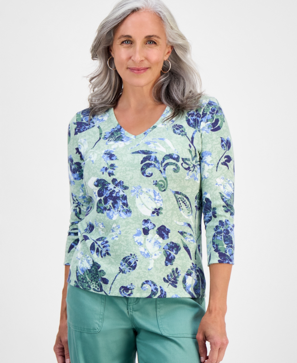 Petite Jungle-Floral 3/4-Sleeve Top, Exclusively at Macy's - Calm Mint Combo