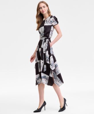 Women's Scarf-Print Handkerchief-Hem Midi Dress