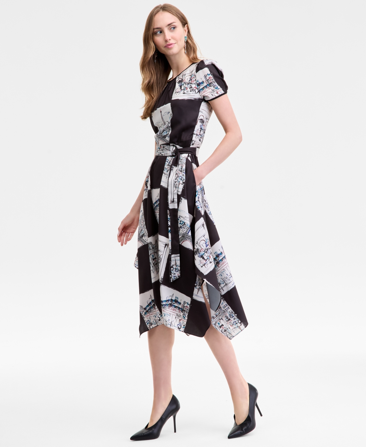 Karl Lagerfeld Women's Scarf-print Handkerchief-hem Midi Dress In Black