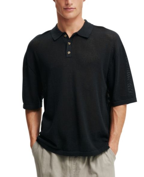 Мужское поло COTTON ON Knitted Polo Shirt, цвет: Чёрный