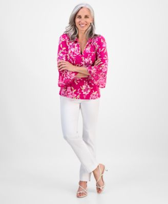 Petite Floral Mixed-Media Ruffle-Sleeve Split-Neck Top, Exclusively at Macy's 
