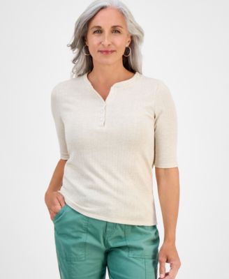 Petite Pointelle Elbow-Sleeve Henley Knit Top, Exclusively at Macy's 