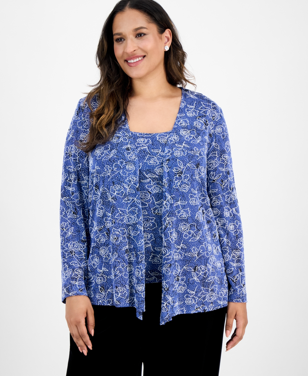 Alex Evenings Plus Size Printed Tank Top & Jacket Set In Blue
