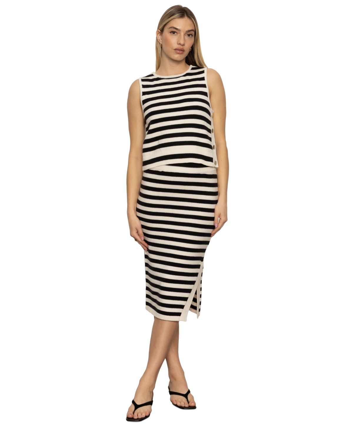 Women's City Summer Side-Button Tank Top - Black/ Macrame Stripe 2
