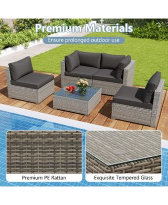 5-Piece Outdoor Patio Sectional Sofa Couch and Glass Coffee Table with Cushions