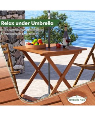 Patio Dining Table with Teak Finish and Umbrella Hole for Outdoor Meals