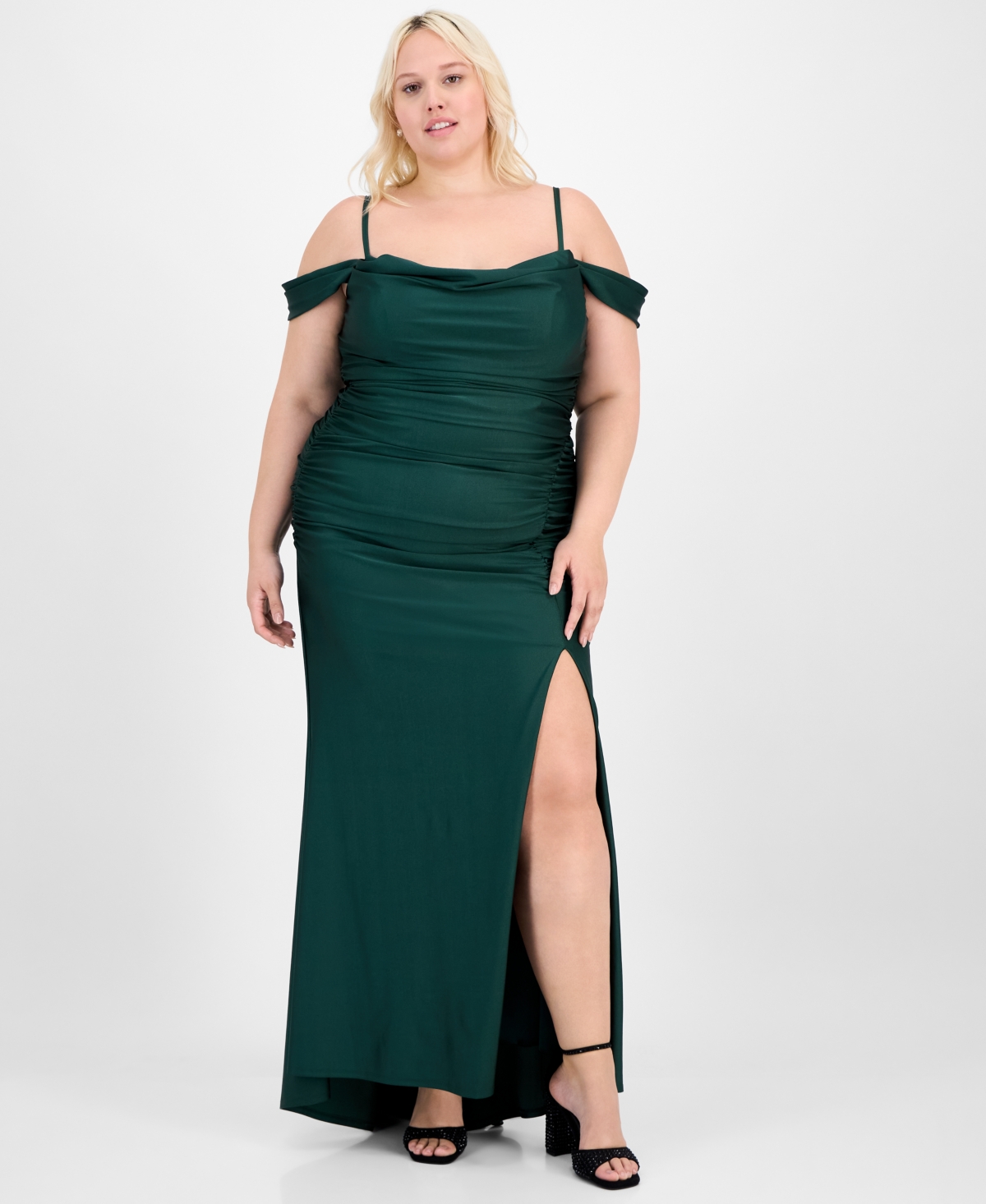B Darlin Trendy Plus Size Ruched Cold-shoulder Gown In Green