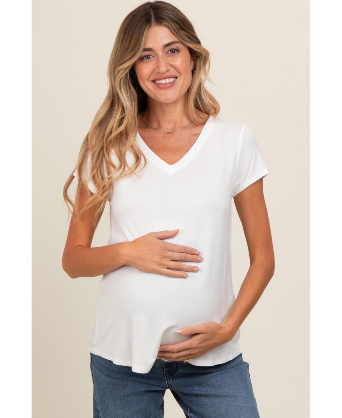 Maternity Ivory Basic V-Neck Short Sleeve Top - Ivory