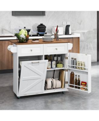 Rolling Kitchen Island with Trash Can Cabinet and Rubber Universal Wheels