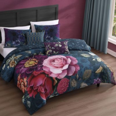 Vibrant Flora Bedding 100% Cotton Sateen 5 Piece King Size Reversible Comforter Set