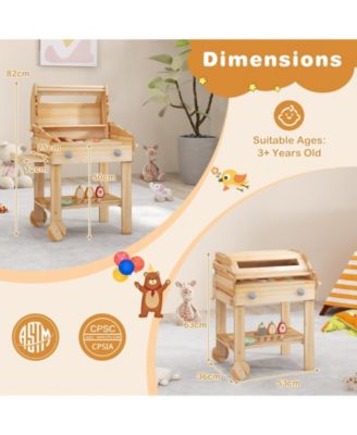 Kids Wooden Barbecue Grill Playset Pretend Kitchen with Food and Wheels