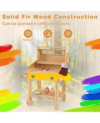 Kids Wooden Barbecue Grill Playset Pretend Kitchen with Food and Wheels