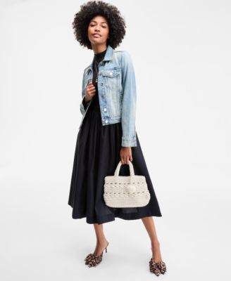 On 34th Womens Trucker Jacket High Neck Sleeveless Midi Dress Crochet Medium Tote Bag Alaynaa Pointed Toe Bo In Silver
