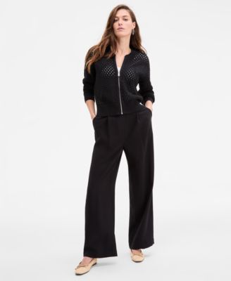 On 34th Womens Perforated Zip Front Bomber Cardigan Ribbed Scoop Neck Tee High Rise Pleated Straight Leg Pan In Black