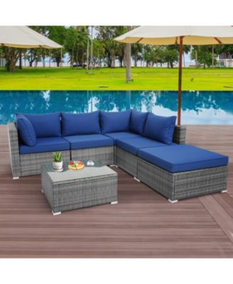 6 Pieces Outdoor Rattan Sofa Set with Seat and Back Cushions