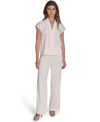 Womens Cap Sleeve V Neck Blouse Soft Suiting Wide Leg Pull On Pants