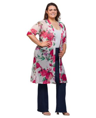Plus Size Sheer Floral Knee Length Duster Cardigan Sweater