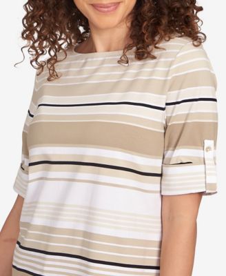Petite Multi Stripe Roll Tab Sleeve T Shirt