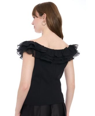 Women's Scuba Crepe Ruffled-Neckline Top
