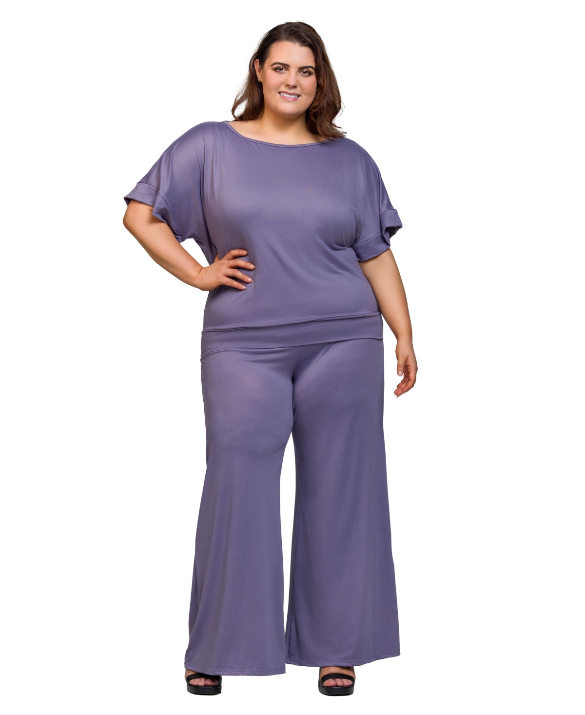 Plus Size Boat Neck Top and Wide Leg Pants Set - Black