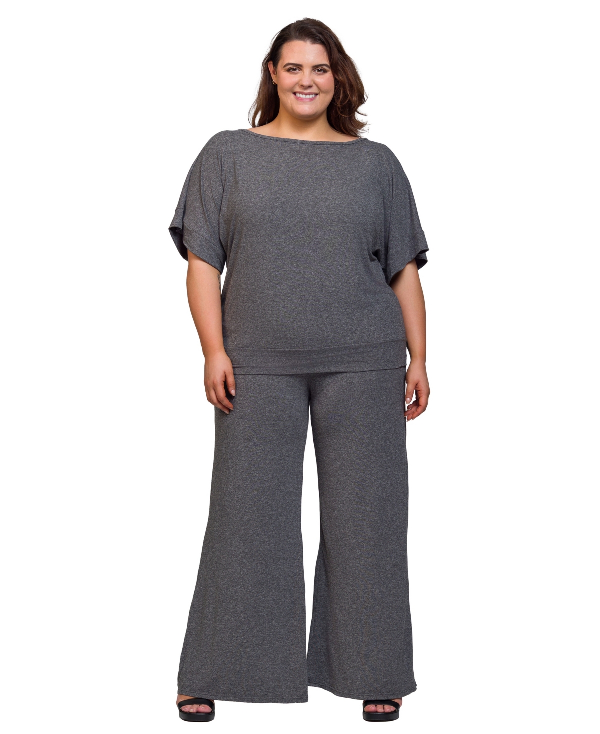 Plus Size Boat Neck Top and Wide Leg Pants Set - Black