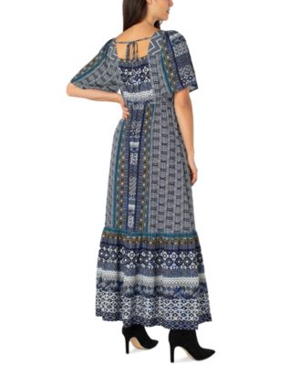 Women's Square-Neck Elbow-Sleeve Woven Maxi Dress