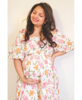 Maternity White Floral Puff Sleeve Maxi Dress