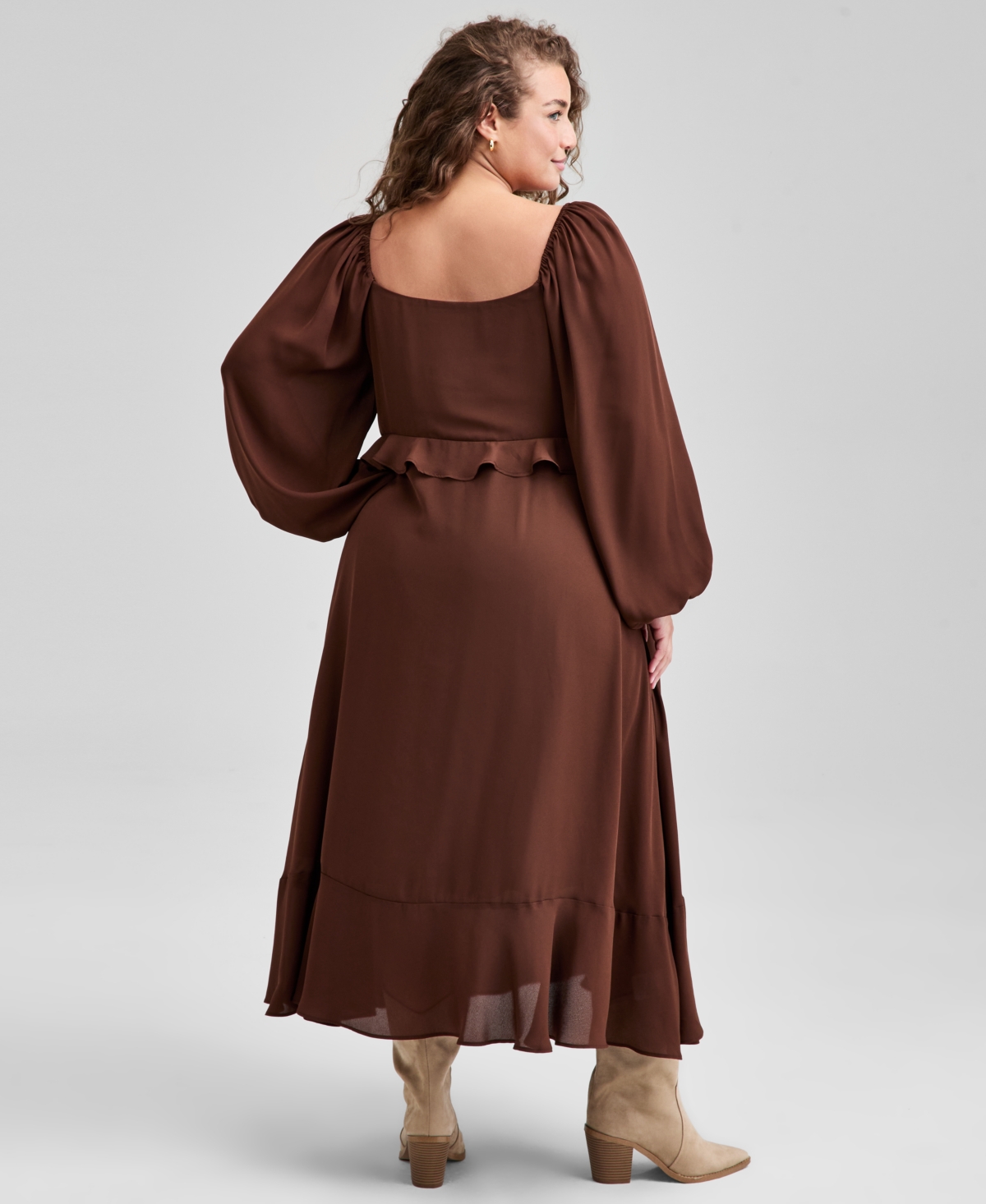 And Now This Trendy Plus Size Ruffle-trim Long-sleeve Dress, Macy's Exclusive In Brown