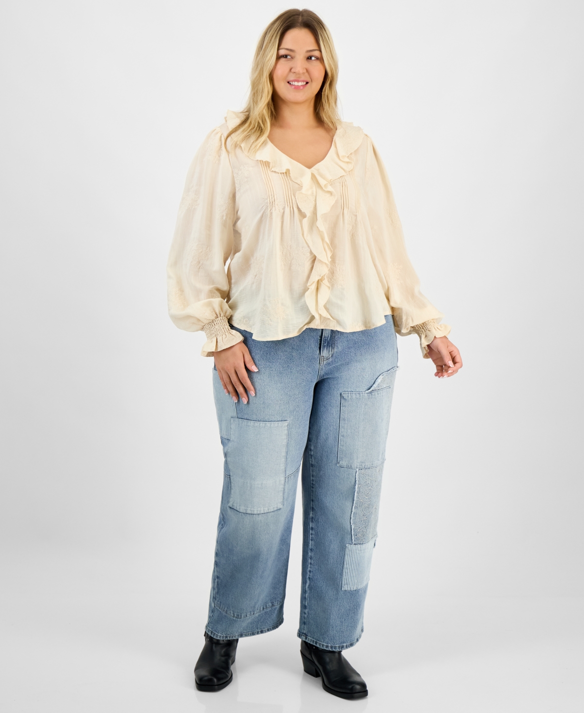 And Now This Trendy Plus Size Embroidered Balloon-sleeve Blouse, Macy's Exclusive In Neutral