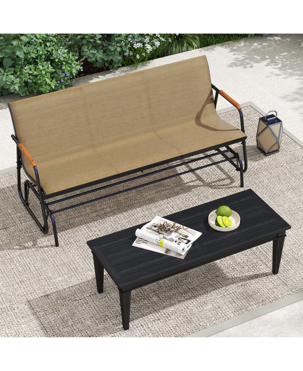 Patio Glider Bench with Curved Teak Armrests and Breathable Fabric Seat for 3 People
