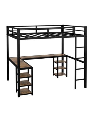 Full Metal Loft Bed with Desk and Shelves, Loft Bed with Ladder and Guardrails, Loft Bed Frame for Bedroom, Black