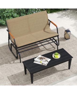 Patio Glider Bench with Curved Teak Armrests and Breathable Fabric Seat for 2 People