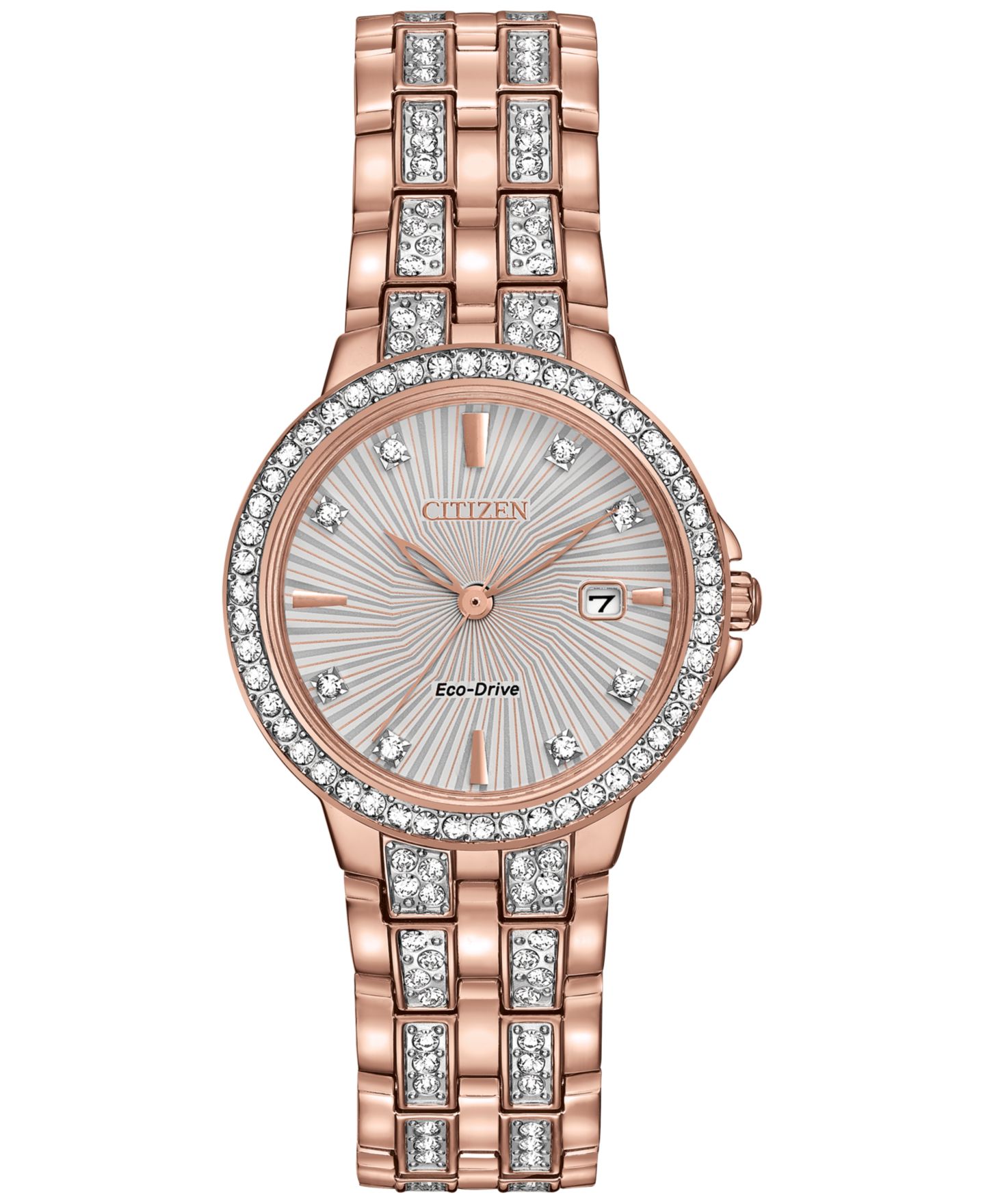 Женские часы Citizen Eco-Drive Crystal Accent Rose Gold-Tone Stainless Steel Bracelet Watch 28mm EW2348-56A — фото 1