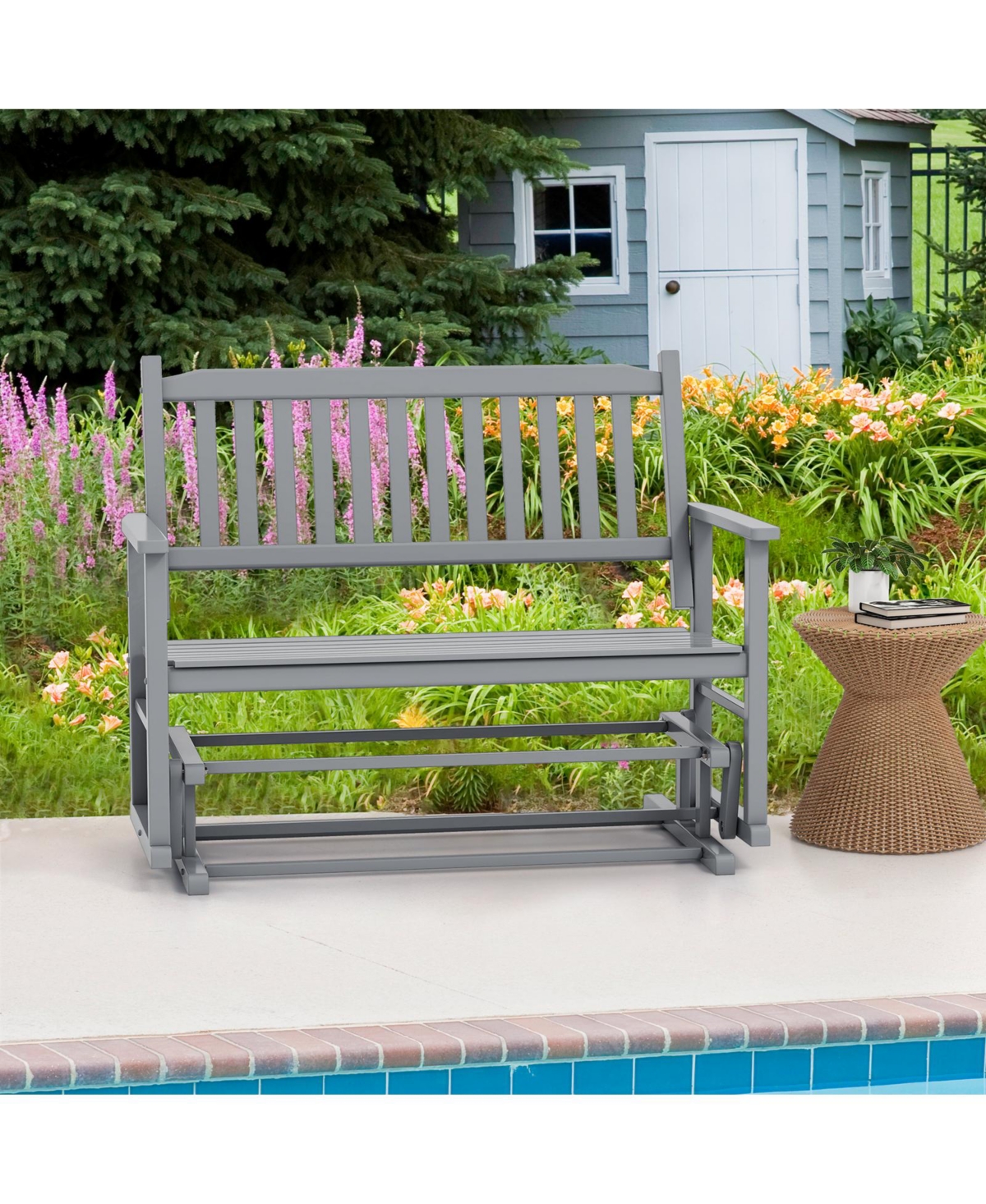 Slickblue 2 Seats Outdoor Glider Bench with Armrests and Slatted Seat